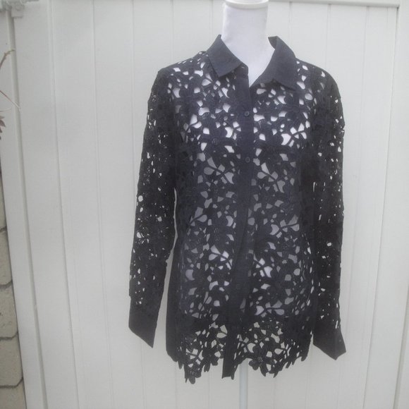 Banana Republic Blouse Lace Long Sleeve Preppy Classic Cotton Petite Large - Picture 1 of 6